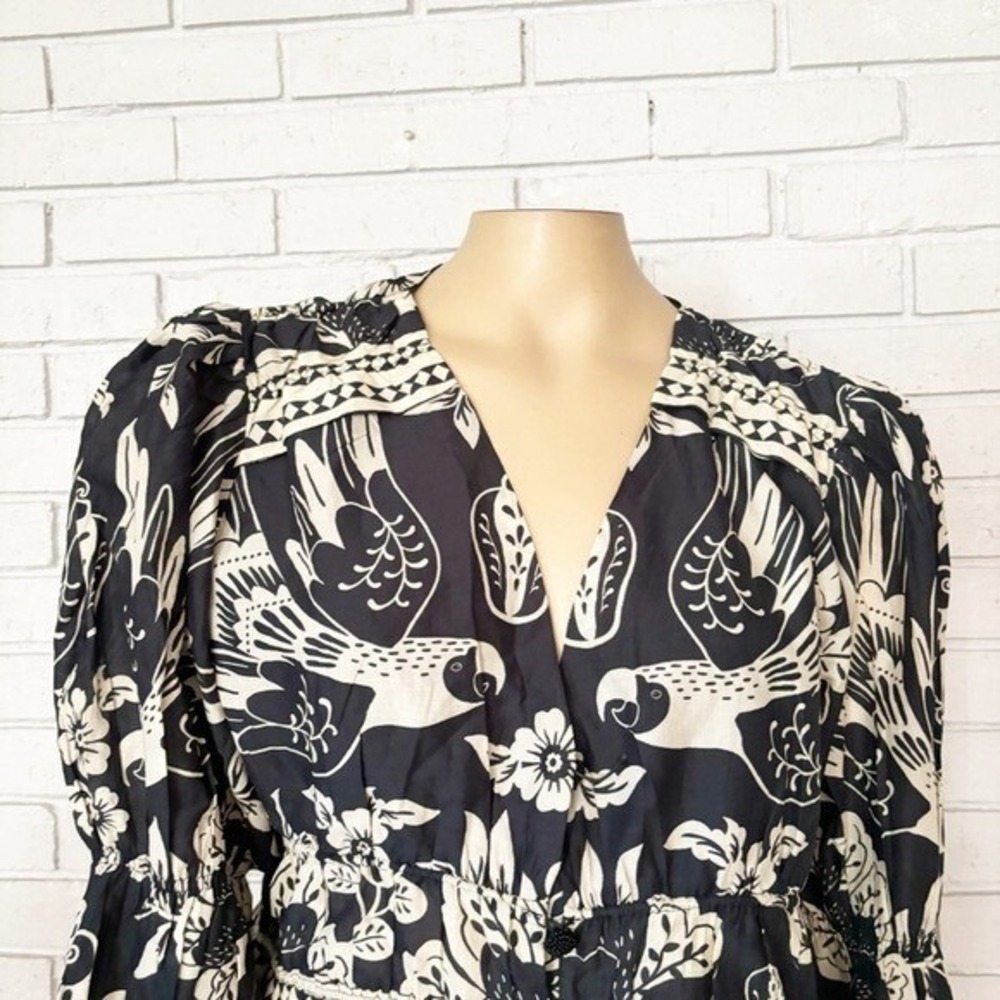 Farm Rio Black White Tropical Bird Print Puff Sleeve Cropped Blouse | Large - Picture 2 of 9